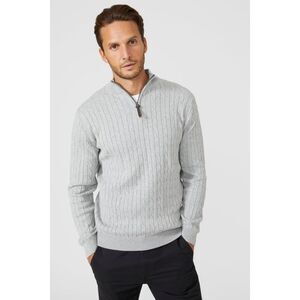 Maine Mens Cable Cotton Half Zip Sweater / Light Grey